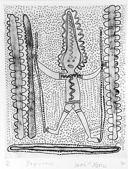 Artist: b'Downs, Jarinyanu David.' | Title: b'Yapurnu' | Date: 1988 | Technique: b'etching and aquatint, printed in black ink, from one plate'