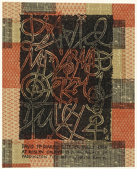 Artist: b'McDiarmid, David.' | Title: b'Exhibition poster: David McDiarmid & Peter Tully 1984 at Roslyn Oxley (brown background)' | Date: 1984 | Technique: b'screenprint' | Copyright: b'Courtesy of copyright owner, Merlene Gibson (sister)' Artist: b'McDiarmid, David.' | Title: b'Exhibition poster: David McDiarmid & Peter Tully 1984 at Roslyn Oxley (brown background)' | Date: 1984 | Technique: b'screenprint' | Copyright: b'Courtesy of copyright owner, Merlene Gibson (sister)'