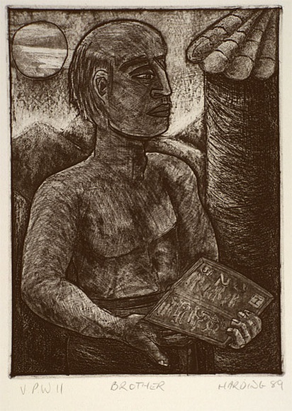 Artist: b'Harding, Richard.' | Title: b'Brother' | Date: 1989 | Technique: b'etching and aquatint, printed in black ink, from one plate' Artist: b'Harding, Richard.' | Title: b'Brother' | Date: 1989 | Technique: b'etching and aquatint, printed in black ink, from one plate'