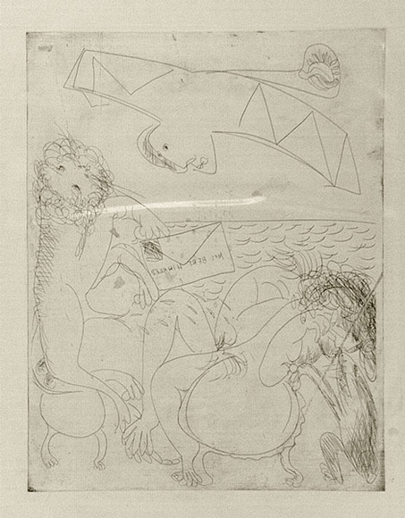 Artist: b'BOYD, Arthur' | Title: b'Bert Hinkler; his wife and lion and letter.' | Date: (1968-69) | Technique: b'etching, printed in black ink, from one plate' | Copyright: b'Reproduced with permission of Bundanon Trust' Artist: b'BOYD, Arthur' | Title: b'Bert Hinkler; his wife and lion and letter.' | Date: (1968-69) | Technique: b'etching, printed in black ink, from one plate' | Copyright: b'Reproduced with permission of Bundanon Trust'