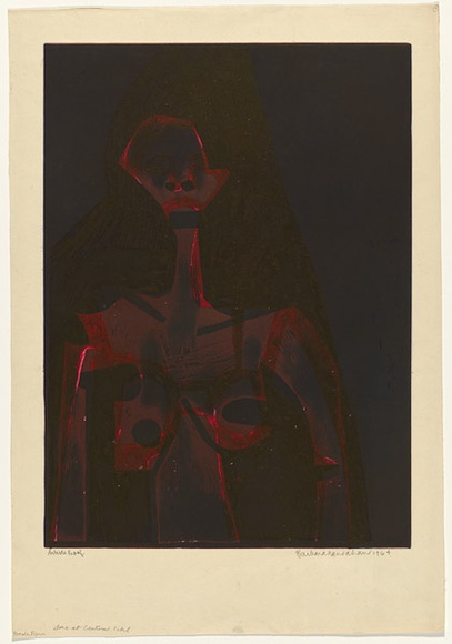 Artist: b'HANRAHAN, Barbara' | Title: b'Female figure' | Date: 1964 | Technique: b'etching, printed in colour from two plates' Artist: b'HANRAHAN, Barbara' | Title: b'Female figure' | Date: 1964 | Technique: b'etching, printed in colour from two plates'