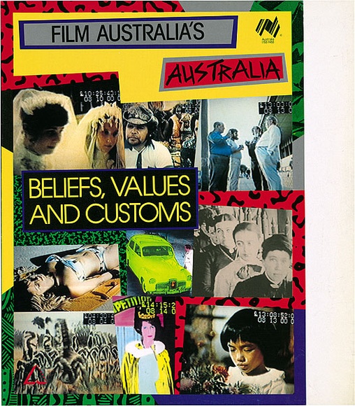 Artist: b'REDBACK GRAPHIX' | Title: b'Cover: Beliefs, Values and Customs - Film Australia' | Date: 1987 | Technique: b'offset-lithograph, printed in colour, from four plates' Artist: b'REDBACK GRAPHIX' | Title: b'Cover: Beliefs, Values and Customs - Film Australia' | Date: 1987 | Technique: b'offset-lithograph, printed in colour, from four plates'