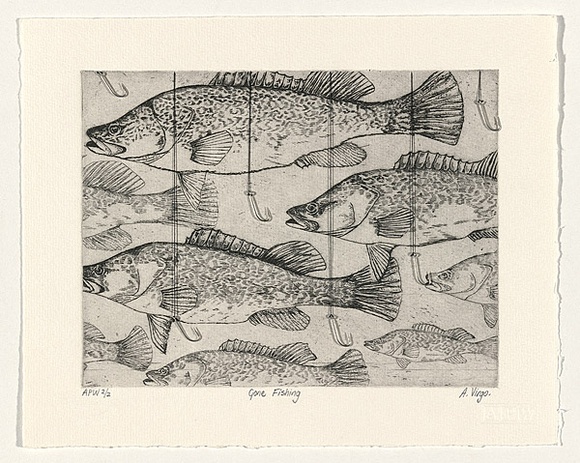 Artist: b'Virgo, Anne.' | Title: b'Gone fishing' | Date: 1999, November | Technique: b'etching; collaged addition of cotton and metal hooks' Artist: b'Virgo, Anne.' | Title: b'Gone fishing' | Date: 1999, November | Technique: b'etching; collaged addition of cotton and metal hooks'