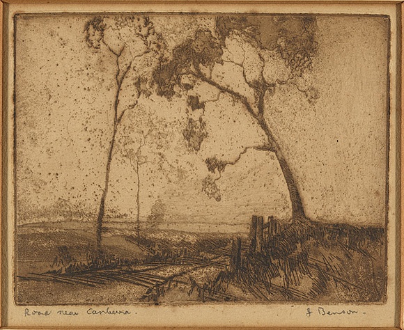 Artist: b'Benson, J.' | Title: b'Road near Canberra.' | Date: 1930s | Technique: b'etching and aquatint, printed in brown ink, from one plate' Artist: b'Benson, J.' | Title: b'Road near Canberra.' | Date: 1930s | Technique: b'etching and aquatint, printed in brown ink, from one plate'