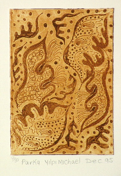 Artist: b'Michael, Yilpi.' | Title: b'Parka' | Date: 1995, December | Technique: b'etching, printed in orange ink, from one  plate'