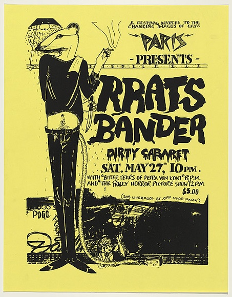 Artist: b'UNKNOWN' | Title: b'A festival devoted to the changing images of gays. Paris presents: Rrats Bander, dirty Cabaret.' | Date: 1978 | Technique: b'screenprint, printed in colour, from multiple stencils' Artist: b'UNKNOWN' | Title: b'A festival devoted to the changing images of gays. Paris presents: Rrats Bander, dirty Cabaret.' | Date: 1978 | Technique: b'screenprint, printed in colour, from multiple stencils'