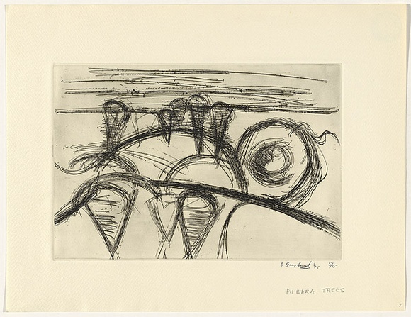 Artist: b'Grey-Smith, Guy' | Title: b'Pilbara trees' | Date: 1975 | Technique: b'etching printed in black ink with plate-tone, from one plate' Artist: b'Grey-Smith, Guy' | Title: b'Pilbara trees' | Date: 1975 | Technique: b'etching printed in black ink with plate-tone, from one plate'
