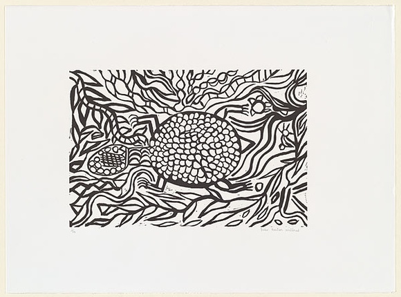 Artist: b'Doctor Wilfred, Judy.' | Title: b'Turtle' | Date: c.2001 | Technique: b'linocut, printed in black ink, from one block' Artist: b'Doctor Wilfred, Judy.' | Title: b'Turtle' | Date: c.2001 | Technique: b'linocut, printed in black ink, from one block'