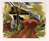 Artist: Sumner, Alan. | Title: Mount Macedon garage | Date: 1947 | Technique: screenprint, printed in colour, from 10 stencils