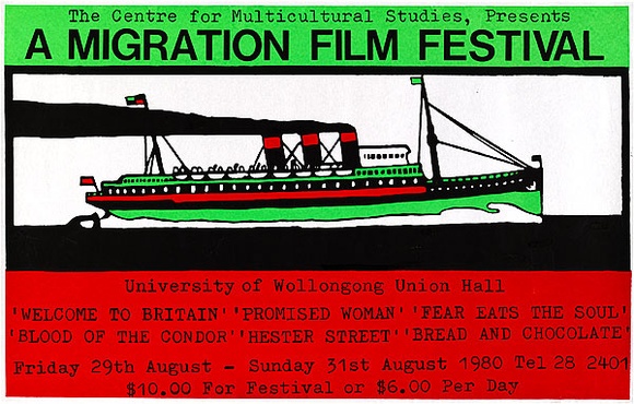 Artist: b'REDBACK GRAPHIX' | Title: b'A migration film festival.' | Date: 1980 | Technique: b'screenprint, printed in colour, from three stencils' | Copyright: b'\xc2\xa9 Michael Callaghan' Artist: b'REDBACK GRAPHIX' | Title: b'A migration film festival.' | Date: 1980 | Technique: b'screenprint, printed in colour, from three stencils' | Copyright: b'\xc2\xa9 Michael Callaghan'