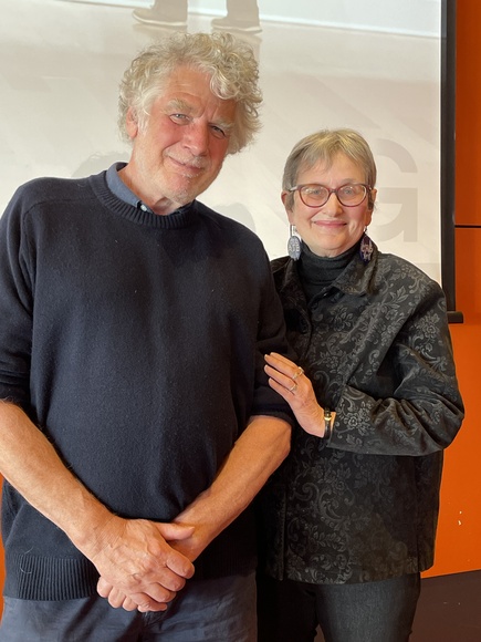 Title: Artist Deborah Klein, and Emeritus Curator Roger Butler at Margaret Preston talk, Geelong Art Gallery, 21 June 2023