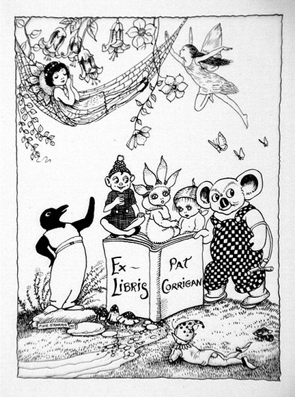 Artist: bO'Harris, Pixie | Title: b'Bookplate: Pat Corrigan' | Date: 1977 | Technique: b'offset-lithograph, printed in black ink' Artist: bO'Harris, Pixie | Title: b'Bookplate: Pat Corrigan' | Date: 1977 | Technique: b'offset-lithograph, printed in black ink'