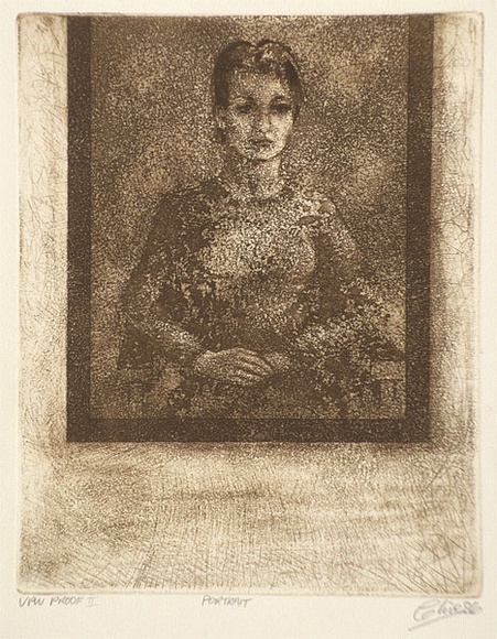 Artist: b'Dickson, Clive.' | Title: b'Portrait' | Date: 1986 | Technique: b'etching and aquatint, printed in sepia ink (small amount of black ink added), from one plate' Artist: b'Dickson, Clive.' | Title: b'Portrait' | Date: 1986 | Technique: b'etching and aquatint, printed in sepia ink (small amount of black ink added), from one plate'