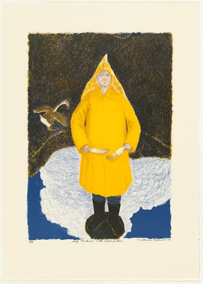 Artist: b'Robinson, William.' | Title: b'Self portrait with goose feathers' | Date: 2004 | Technique: b'lithograph, printed in colour, from multiple stones' Artist: b'Robinson, William.' | Title: b'Self portrait with goose feathers' | Date: 2004 | Technique: b'lithograph, printed in colour, from multiple stones'