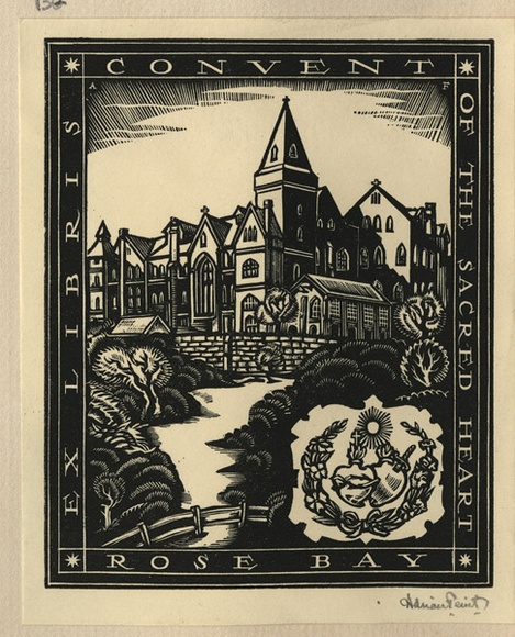 Artist: b'FEINT, Adrian' | Title: b'Bookplate: Convent of the Sacred Heart, Rose Bay.' | Date: (1933) | Technique: b'wood-engraving, printed in black ink, from one block' | Copyright: b'Courtesy the Estate of Adrian Feint' Artist: b'FEINT, Adrian' | Title: b'Bookplate: Convent of the Sacred Heart, Rose Bay.' | Date: (1933) | Technique: b'wood-engraving, printed in black ink, from one block' | Copyright: b'Courtesy the Estate of Adrian Feint'
