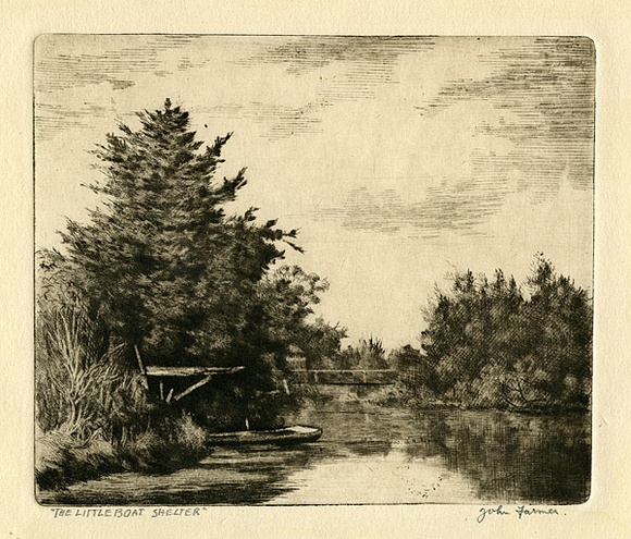 Artist: b'Farmer, John.' | Title: b'The little boat shelter.' | Date: c.1960 | Technique: b'etching, printed black ink with plate-tone, from one plate' Artist: b'Farmer, John.' | Title: b'The little boat shelter.' | Date: c.1960 | Technique: b'etching, printed black ink with plate-tone, from one plate'