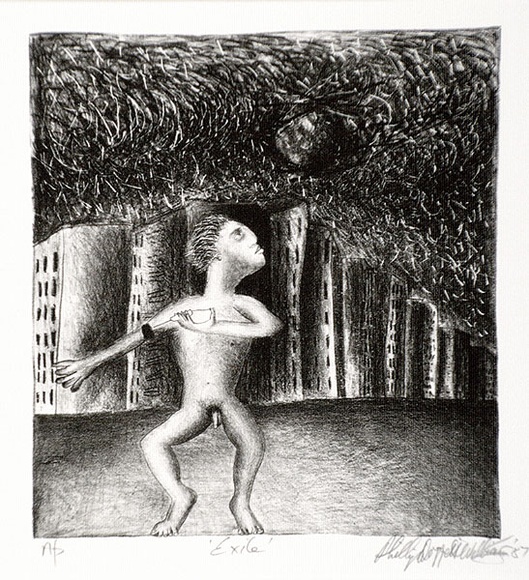 Artist: b'Doggett-Williams, Phillip.' | Title: b'Exile.' | Date: 1987 | Technique: b'lithograph, printed in black ink, from one stone' Artist: b'Doggett-Williams, Phillip.' | Title: b'Exile.' | Date: 1987 | Technique: b'lithograph, printed in black ink, from one stone'