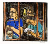 Artist: b'Zofrea, Salvatore.' | Title: b'Letters from Australia are read to woman.' | Date: 1989 | Technique: b'woodcut, printed in black, from one block; hand-coloured' | Copyright: b'\xc2\xa9 Salvatore Zofrea, 1989'