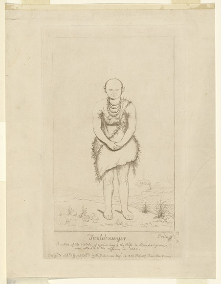Artist: Duterrau, Benjamin. | Title: Tanleboueyer, a native of the district of Oyster Bay & the Wife to Manalargerna was attached to the misson in 1830. | Date: 1835, August 24 | Technique: etching, printed in brown ink, from one copper plate Artist: Duterrau, Benjamin. | Title: Tanleboueyer, a native of the district of Oyster Bay & the Wife to Manalargerna was attached to the misson in 1830. | Date: 1835, August 24 | Technique: etching, printed in brown ink, from one copper plate