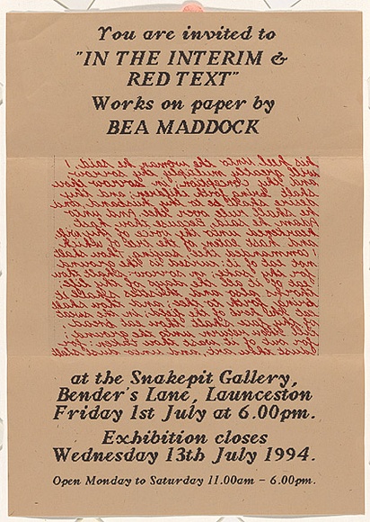 Title: Exhibition invitation: In the interim and Red text, Snake Pit Gallery, Launceston 1994 | Date: 1994 | Technique: photocopy, printed in red and black ink; orange sticker seal Title: Exhibition invitation: In the interim and Red text, Snake Pit Gallery, Launceston 1994 | Date: 1994 | Technique: photocopy, printed in red and black ink; orange sticker seal