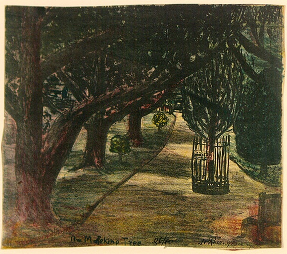 Artist: b'ROSENGRAVE, Harry' | Title: b'The Mafeking tree' | Date: 1954 | Technique: b'lithograph, printed in colour, from four stones' Artist: b'ROSENGRAVE, Harry' | Title: b'The Mafeking tree' | Date: 1954 | Technique: b'lithograph, printed in colour, from four stones'