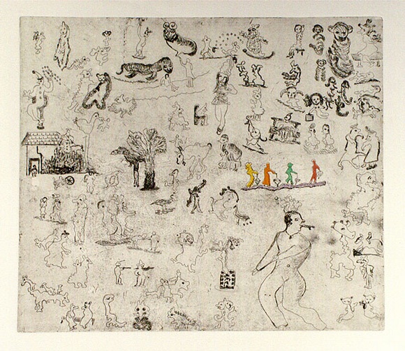 Artist: b'Shearer, Mitzi.' | Title: b'Bulliwutzies I' | Date: 1980 | Technique: b'etching, printed in black ink with plate-tone, from one plate, hand-coloured' Artist: b'Shearer, Mitzi.' | Title: b'Bulliwutzies I' | Date: 1980 | Technique: b'etching, printed in black ink with plate-tone, from one plate, hand-coloured'