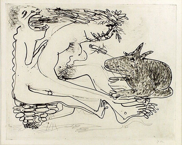 Artist: b'BOYD, Arthur' | Title: b'Nude with rabbit and syringe.' | Date: (1968-69) | Technique: b'etching and aquatint, printed in black ink, from one plate' | Copyright: b'Reproduced with permission of Bundanon Trust' Artist: b'BOYD, Arthur' | Title: b'Nude with rabbit and syringe.' | Date: (1968-69) | Technique: b'etching and aquatint, printed in black ink, from one plate' | Copyright: b'Reproduced with permission of Bundanon Trust'