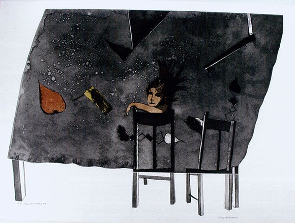Artist: b'BALDESSIN, George' | Title: b'Banquet for no eating no 2.' | Date: 1971 | Technique: b'etching and aquatint, printed in black ink, from five shaped plates; stencil, printed in colour ink, from 3 stencils.' Artist: b'BALDESSIN, George' | Title: b'Banquet for no eating no 2.' | Date: 1971 | Technique: b'etching and aquatint, printed in black ink, from five shaped plates; stencil, printed in colour ink, from 3 stencils.'