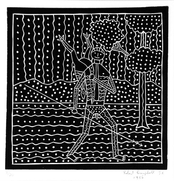 Artist: b'Campbell (Jnr.), Robert' | Title: b'The hunter' | Date: 1986 | Technique: b'linocut, printed in black ink, from one block' | Copyright: b'Courtesy of Rolsyn Oxley9 Gallery' Artist: b'Campbell (Jnr.), Robert' | Title: b'The hunter' | Date: 1986 | Technique: b'linocut, printed in black ink, from one block' | Copyright: b'Courtesy of Rolsyn Oxley9 Gallery'