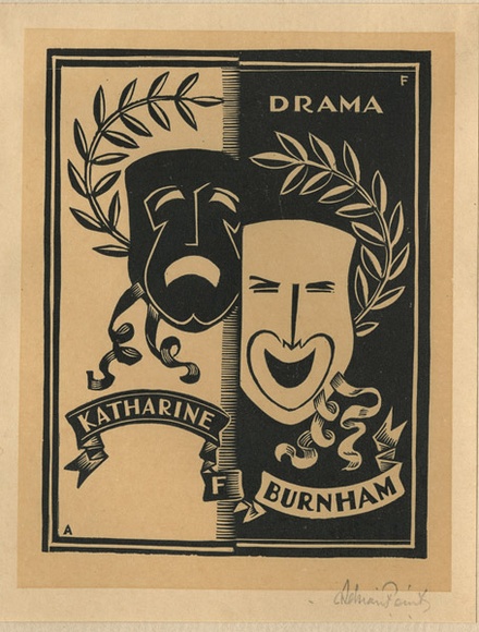 Artist: b'FEINT, Adrian' | Title: b'Bookplate: Katharine F. Burnham.' | Date: (1936) | Technique: b'wood-engraving, printed in colour, from two blocks in black and cream inks' | Copyright: b'Courtesy the Estate of Adrian Feint' Artist: b'FEINT, Adrian' | Title: b'Bookplate: Katharine F. Burnham.' | Date: (1936) | Technique: b'wood-engraving, printed in colour, from two blocks in black and cream inks' | Copyright: b'Courtesy the Estate of Adrian Feint'