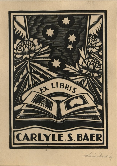 Artist: b'FEINT, Adrian' | Title: b'Bookplate: Carlyle S Baer.' | Date: (1929) | Technique: b'woood-engraving, printed in black ink, from one block' | Copyright: b'Courtesy the Estate of Adrian Feint' Artist: b'FEINT, Adrian' | Title: b'Bookplate: Carlyle S Baer.' | Date: (1929) | Technique: b'woood-engraving, printed in black ink, from one block' | Copyright: b'Courtesy the Estate of Adrian Feint'