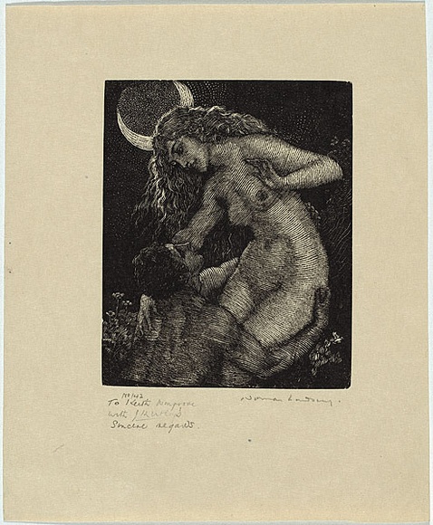 Artist: b'Lindsay, Norman.' | Title: b'Thief of the moon.' | Date: 1924 | Technique: b'wood-engraving, printed in black ink, from one block' Artist: b'Lindsay, Norman.' | Title: b'Thief of the moon.' | Date: 1924 | Technique: b'wood-engraving, printed in black ink, from one block'