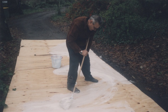 Artist: b'LOANE, John' | Title: b'Mike Parr brushing on glue at Viridian Press, Olinda, Victoria.' Artist: b'LOANE, John' | Title: b'Mike Parr brushing on glue at Viridian Press, Olinda, Victoria.'