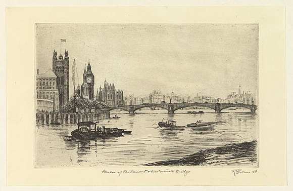 Artist: b'EWINS, Rod' | Title: b'Houses of Parliament and Westminster Bridge.' | Date: 1963 | Technique: b'etching, printed in black ink, from one copper plate' Artist: b'EWINS, Rod' | Title: b'Houses of Parliament and Westminster Bridge.' | Date: 1963 | Technique: b'etching, printed in black ink, from one copper plate'