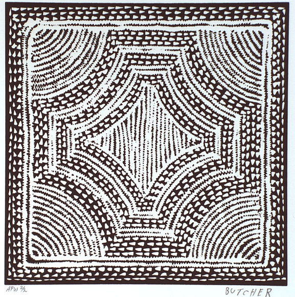 Artist: b'Cherel, Kumanjayi (Butcher).' | Title: b'Corroboree (body painting)' | Date: 1997, 1 May | Technique: b'linocut, printed in black ink, from one block'