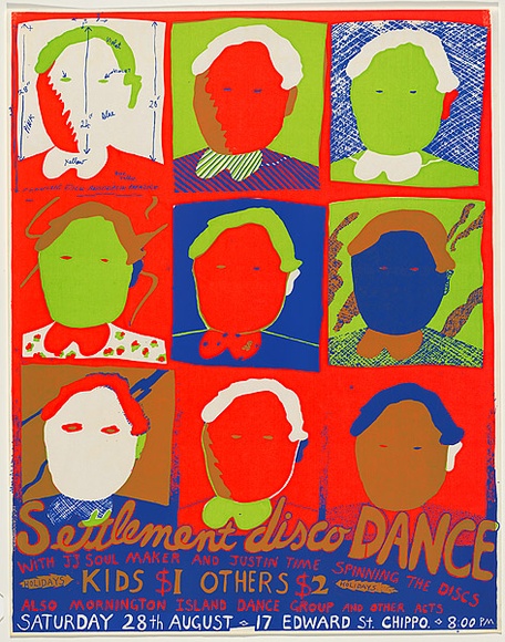 Artist: b'WORSTEAD, Paul' | Title: b'Settlement Disco Dance.' | Date: 1976 | Technique: b'screenprint, printed in colour, from four stencils in blue, orange, green and brown ink' | Copyright: b'This work appears on screen courtesy of the artist' Artist: b'WORSTEAD, Paul' | Title: b'Settlement Disco Dance.' | Date: 1976 | Technique: b'screenprint, printed in colour, from four stencils in blue, orange, green and brown ink' | Copyright: b'This work appears on screen courtesy of the artist'