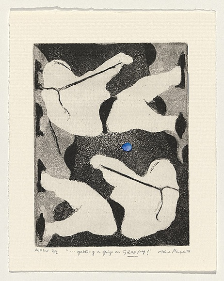 Artist: b'PLAYNE, Moira' | Title: b'Getting a grip on gravity' | Date: 1999, October | Technique: b'aquatint and open-bite, printed in black ink, from one plate; handcoloured with watercolour' | Copyright: b'\xc2\xa9 Moira Playne, 1999' Artist: b'PLAYNE, Moira' | Title: b'Getting a grip on gravity' | Date: 1999, October | Technique: b'aquatint and open-bite, printed in black ink, from one plate; handcoloured with watercolour' | Copyright: b'\xc2\xa9 Moira Playne, 1999'