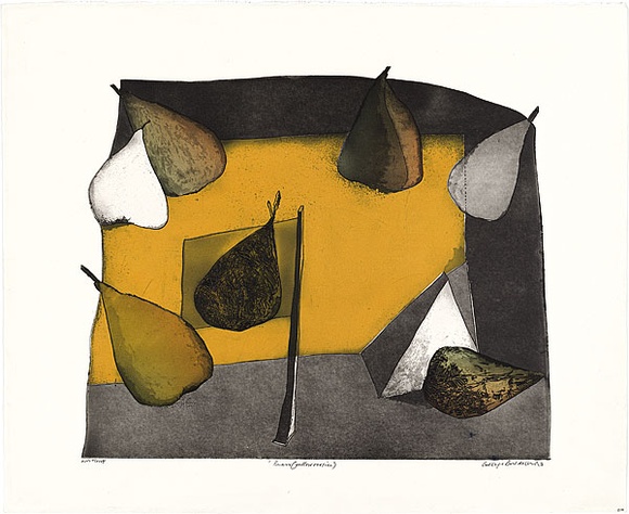 Artist: b'BALDESSIN, George' | Title: b'Pears (yellow version).' | Date: 1972 | Technique: b'etching and aquatint, printed in black ink, from one shaped plate; over stencil, printed in gradated colour roll, from six stencils.' Artist: b'BALDESSIN, George' | Title: b'Pears (yellow version).' | Date: 1972 | Technique: b'etching and aquatint, printed in black ink, from one shaped plate; over stencil, printed in gradated colour roll, from six stencils.'