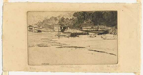 Artist: b'URE SMITH, Sydney' | Title: b'Shell Cove, Sydney Harbour' | Date: 1917 | Technique: b'etching, printed in warm black ink, from one plate' Artist: b'URE SMITH, Sydney' | Title: b'Shell Cove, Sydney Harbour' | Date: 1917 | Technique: b'etching, printed in warm black ink, from one plate'