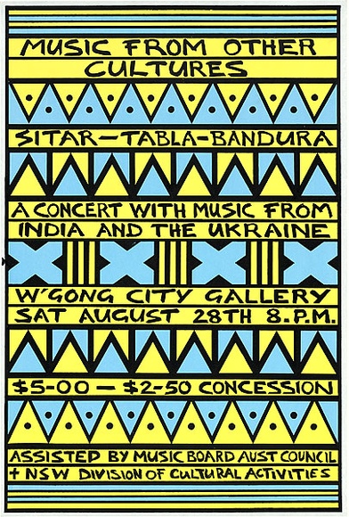 Artist: b'REDBACK GRAPHIX' | Title: b'Music from other cultures.' | Date: 1983, before 28 August | Technique: b'screenprint, printed in colour, from three stencils' Artist: b'REDBACK GRAPHIX' | Title: b'Music from other cultures.' | Date: 1983, before 28 August | Technique: b'screenprint, printed in colour, from three stencils'