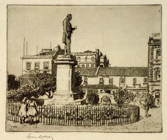 Artist: b'LINDSAY, Lionel' | Title: bLang's statue and Pfahlerts Hotel | Date: 1936 | Technique: b'etching, printed in brown ink with plate-tone, from one plate' | Copyright: b'Courtesy of the National Library of Australia' Artist: b'LINDSAY, Lionel' | Title: bLang's statue and Pfahlerts Hotel | Date: 1936 | Technique: b'etching, printed in brown ink with plate-tone, from one plate' | Copyright: b'Courtesy of the National Library of Australia'