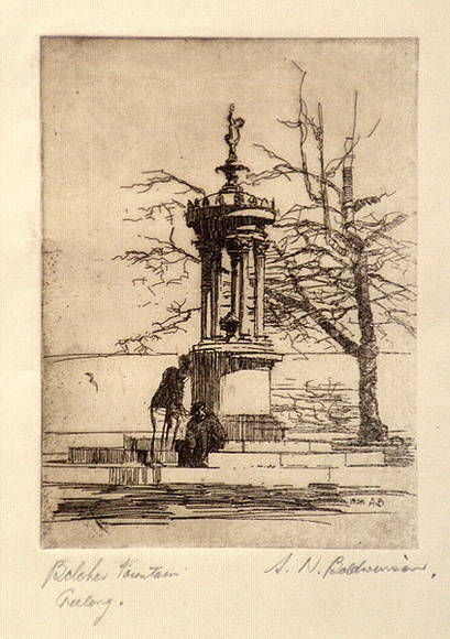 Artist: b'Baldwinson, Arthur.' | Title: b'Belcher Fountain, Geelong.' | Date: 1928 | Technique: b'etching, printed with plate-tone in dark brown ink, from one plate' Artist: b'Baldwinson, Arthur.' | Title: b'Belcher Fountain, Geelong.' | Date: 1928 | Technique: b'etching, printed with plate-tone in dark brown ink, from one plate'