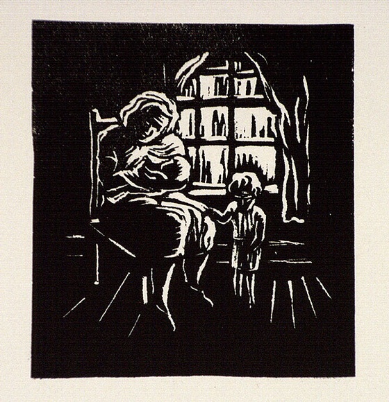 Artist: b'Carter, Maurie.' | Title: b'(Seated mother with child and baby).' | Date: (1949) | Technique: b'linocut, printed in black ink, from one block'