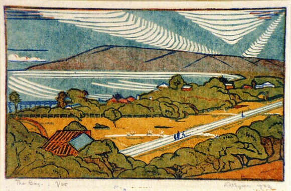 Artist: b'Syme, Eveline' | Title: b'The bay' | Date: 1932 | Technique: b'linocut, printed in colour, from four blocks (yellow ochre, vermillion, cerulean blue, cobalt blue)' Artist: b'Syme, Eveline' | Title: b'The bay' | Date: 1932 | Technique: b'linocut, printed in colour, from four blocks (yellow ochre, vermillion, cerulean blue, cobalt blue)'