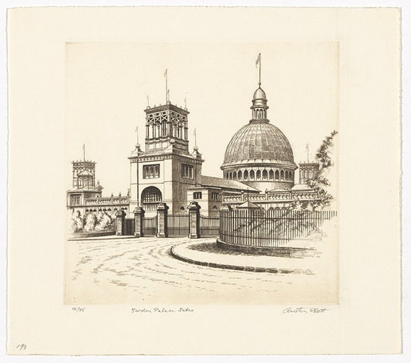 Artist: b'PLATT, Austin' | Title: b'Garden Palace Gates, Macquarie St (now Shakespeare Square)' | Date: c.1987 | Technique: b'etching, printed in black ink, from one plate' Artist: b'PLATT, Austin' | Title: b'Garden Palace Gates, Macquarie St (now Shakespeare Square)' | Date: c.1987 | Technique: b'etching, printed in black ink, from one plate'