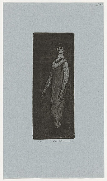Artist: b'WILLIAMS, Fred' | Title: b'Usherette' | Date: 1955-56 | Technique: b'etching, aquatint and foulbiting, printed in black ink, from one zinc plate' | Copyright: b'\xc2\xa9 Fred Williams Estate' Artist: b'WILLIAMS, Fred' | Title: b'Usherette' | Date: 1955-56 | Technique: b'etching, aquatint and foulbiting, printed in black ink, from one zinc plate' | Copyright: b'\xc2\xa9 Fred Williams Estate'
