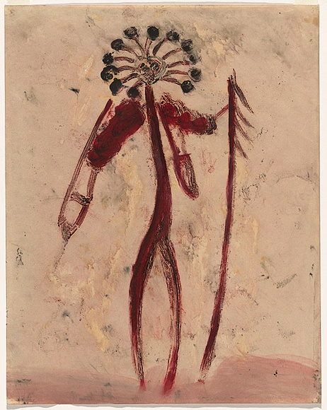 Artist: b'Cant, James.' | Title: b'(Native figure with spear).' | Date: (1949) | Technique: b'monotype, printed in colour, from one plate; additional hand colouring' Artist: b'Cant, James.' | Title: b'(Native figure with spear).' | Date: (1949) | Technique: b'monotype, printed in colour, from one plate; additional hand colouring'