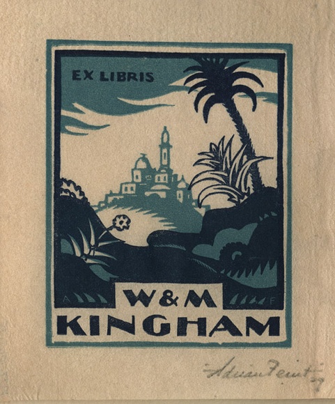 Artist: b'FEINT, Adrian' | Title: b'Bookplate: W & M Kingham.' | Date: (1929) | Technique: b'wood-engraving, printed in colour, from two blocks in light and dark blue inks' | Copyright: b'Courtesy the Estate of Adrian Feint' Artist: b'FEINT, Adrian' | Title: b'Bookplate: W & M Kingham.' | Date: (1929) | Technique: b'wood-engraving, printed in colour, from two blocks in light and dark blue inks' | Copyright: b'Courtesy the Estate of Adrian Feint'