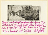 Artist: L'Estrange, Sally. | Title: Iraqi civil troops heading for Iran | Date: 1981 | Technique: etching and aquatint, printed in black ink, from one plate; hand-written text in pink fibre tipped pen