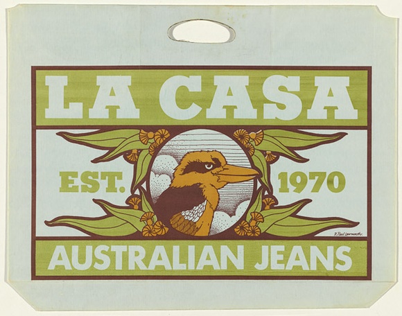 Artist: b'UNKNOWN' | Title: b'Shopping Bag: La Cassa - Australian Jeans.' | Date: 1980s | Technique: b'screenprint' Artist: b'UNKNOWN' | Title: b'Shopping Bag: La Cassa - Australian Jeans.' | Date: 1980s | Technique: b'screenprint'